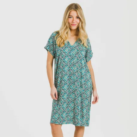 Vestido curto manga fluida viscosa bambula Malura água marinha