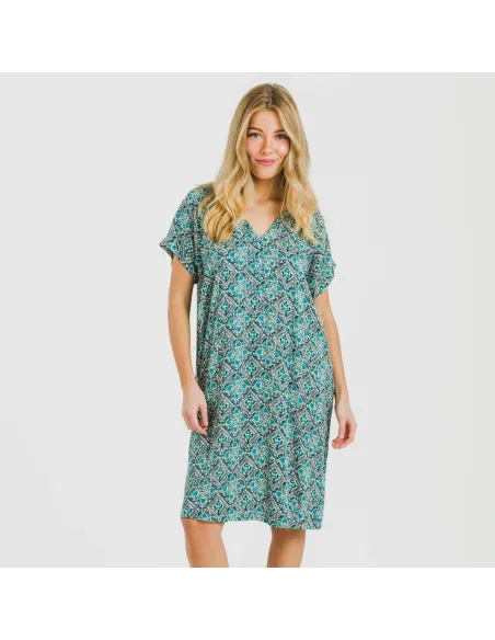 Vestido curto manga fluida viscosa bambula Malura água marinha Vestido curto manga fluida viscosa bambula Malura água marinha