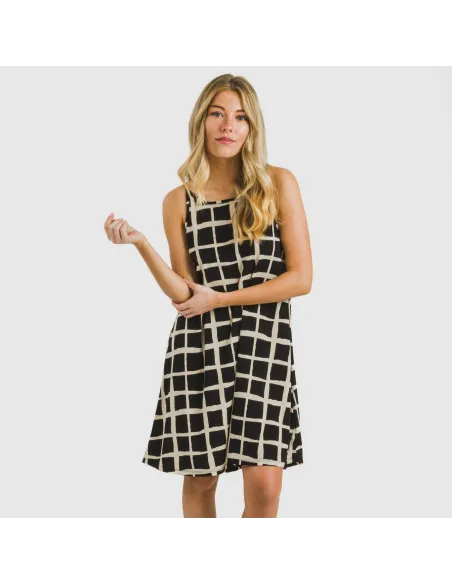 Vestido curto alças crepe Naroa bege - preto Vestido curto alças crepe Naroa bege - preto