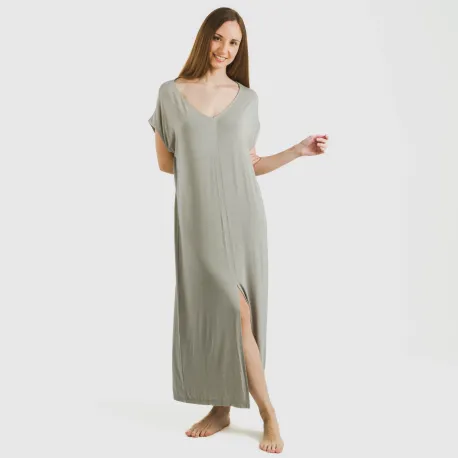 Vestido comprido manga fluída viscosa liso