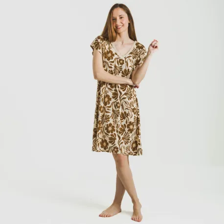 Vestido curto manga fluida crepe Alexis castanho