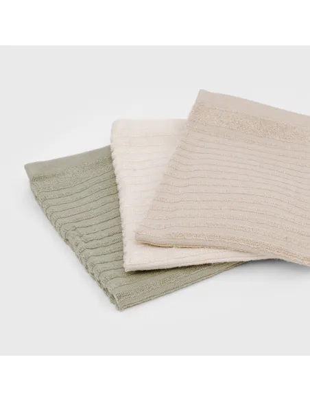 Conjunto 3 panos de cozinha algodão liso natural/topo/verde seco