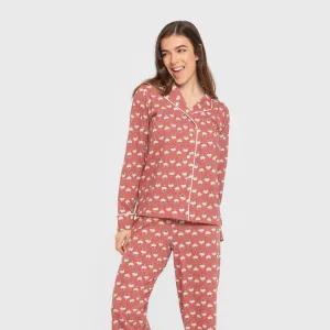 Pijama comprido camisa algodão mulher Calendula marsala 2