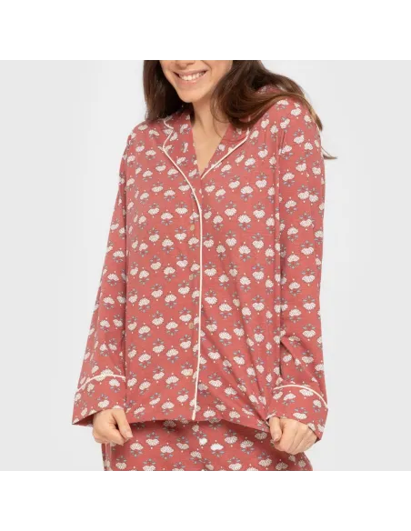 Pijama comprido camisa algodão mulher Calendula marsala Pijama comprido camisa algodão mulher Calendula marsala