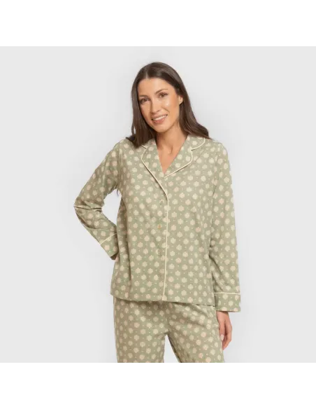 Pijama comprido camisa algodão mulher Erati verde caça Pijama comprido camisa algodão mulher Erati verde caça