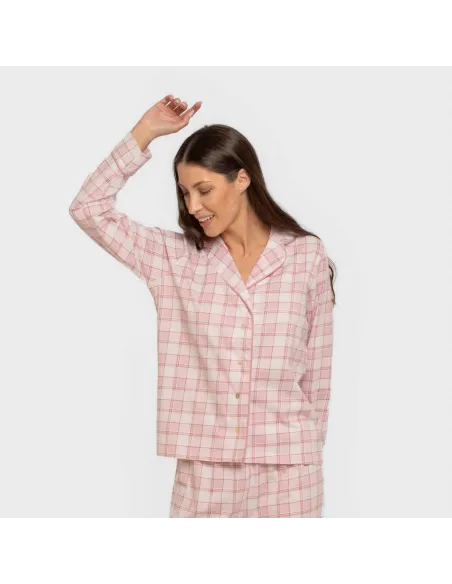 Pijama comprido camisa algodão mulher Cuadro Moni rosa Pijama comprido camisa algodão mulher Cuadro Moni rosa