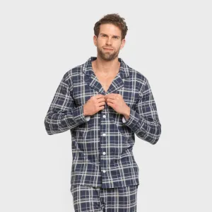 Pijama comprido camisa algodão homem Cuadro Brais azul