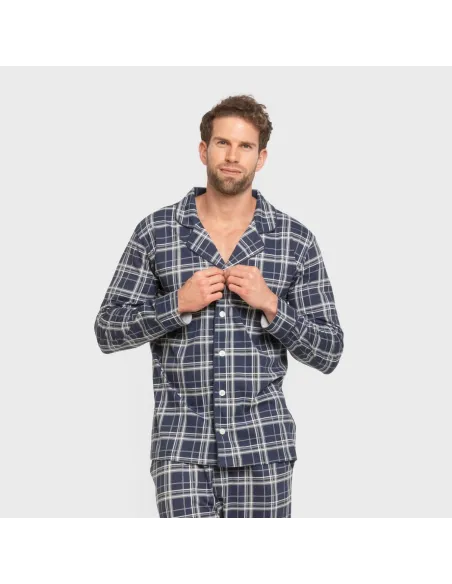 Pijama comprido camisa algodão homem Cuadro Brais azul Pijama comprido camisa algodão homem Cuadro Brais azul