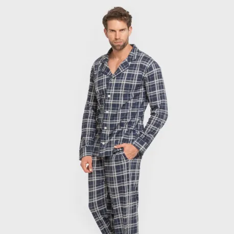 Pijama comprido camisa algodão homem Cuadro Brais azul