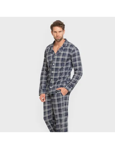 Pijama comprido camisa algodão homem Cuadro Brais azul Pijama comprido camisa algodão homem Cuadro Brais azul