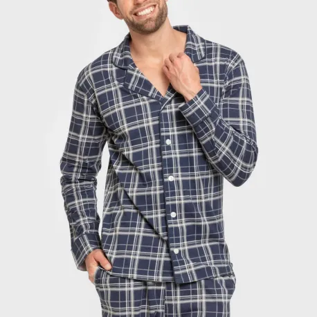 Pijama comprido camisa algodão homem Cuadro Brais azul
