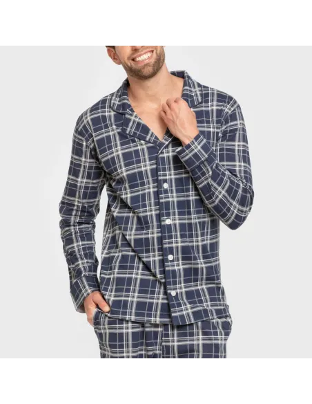 Pijama comprido camisa algodão homem Cuadro Brais azul Pijama comprido camisa algodão homem Cuadro Brais azul
