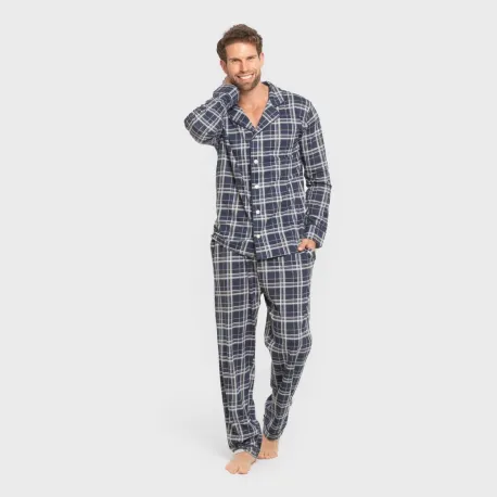Pijama comprido camisa algodão homem Cuadro Brais azul