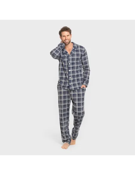 Pijama comprido camisa algodão homem Cuadro Brais azul Pijama comprido camisa algodão homem Cuadro Brais azul
