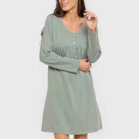 Vestido algodão manga comprida renda liso