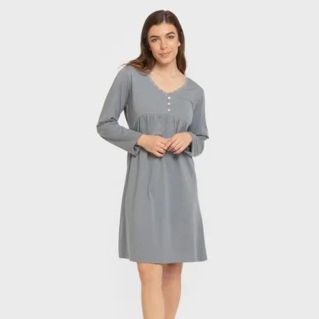 Vestido algodão manga comprida renda liso