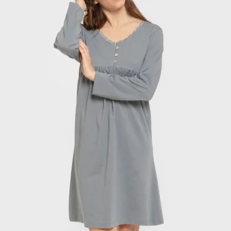 Vestido algodão manga comprida renda liso