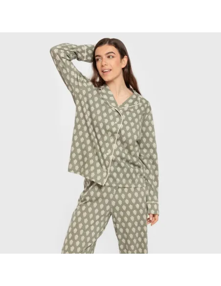 Pijama comprido camisa algodão mulher Soma verde seco Pijama comprido camisa algodão mulher Soma verde seco