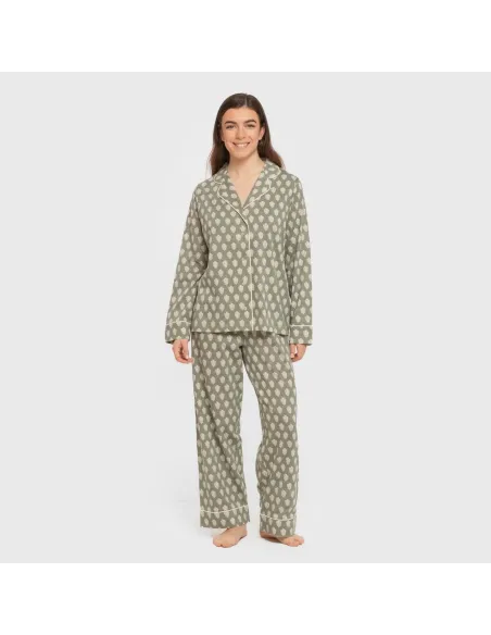 Pijama comprido camisa algodão mulher Soma verde seco Pijama comprido camisa algodão mulher Soma verde seco