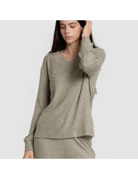 Jersey gola V em poliamida canelada feminina