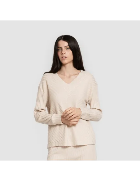 Jersey gola V em poliamida canelada feminina