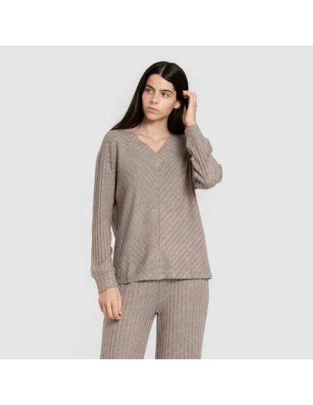 Jersey gola V em poliamida canelada feminina