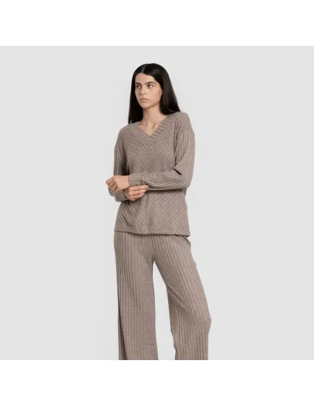 Jersey gola V em poliamida canelada feminina