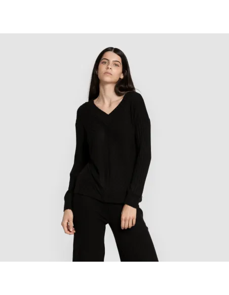 Jersey gola V em poliamida canelada feminina