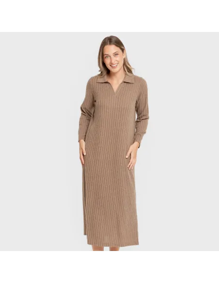 Vestido longo de manga longa com gola 4x2 canelado feminino Vestido longo de manga longa com gola 4x2 canelado feminino