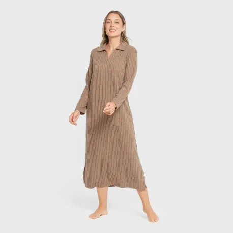 Vestido longo de manga longa com gola 4x2 canelado feminino