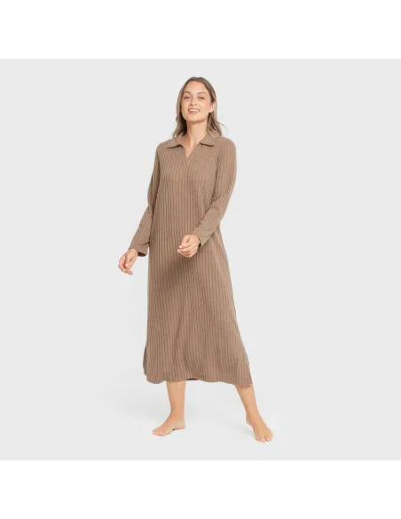 Vestido longo de manga longa com gola 4x2 canelado feminino Vestido longo de manga longa com gola 4x2 canelado feminino