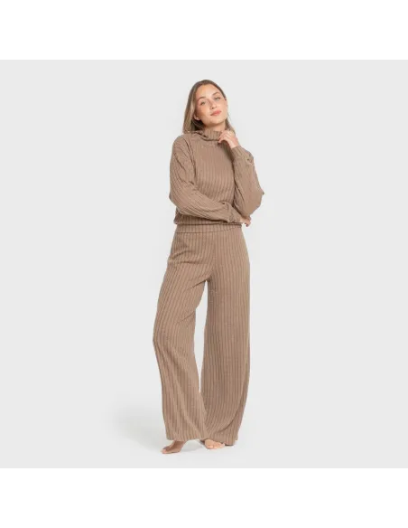 Calça longa ampla 4x2 canelada feminina