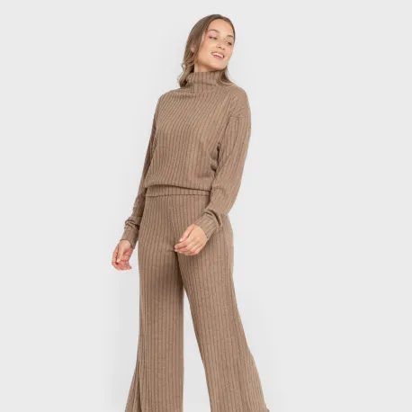 Calça longa ampla 4x2 canelada feminina