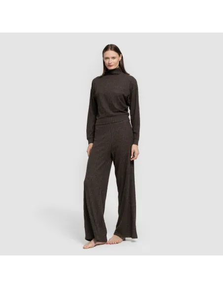 Calça longa ampla 4x2 canelada feminina