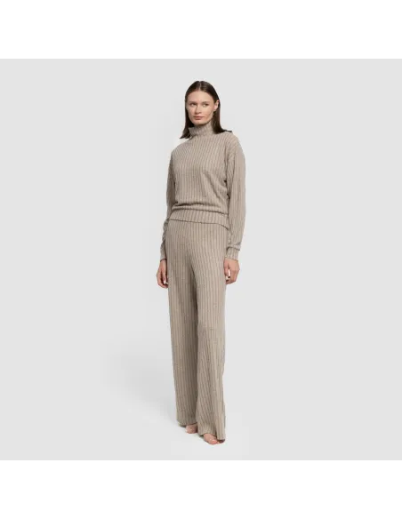 Calça longa ampla 4x2 canelada feminina