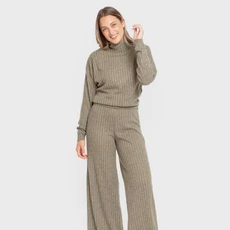 Calça longa ampla 4x2 canelada feminina