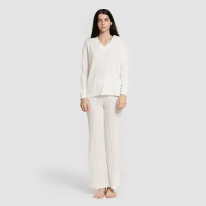 Calça longa de poliamida canelada feminina
