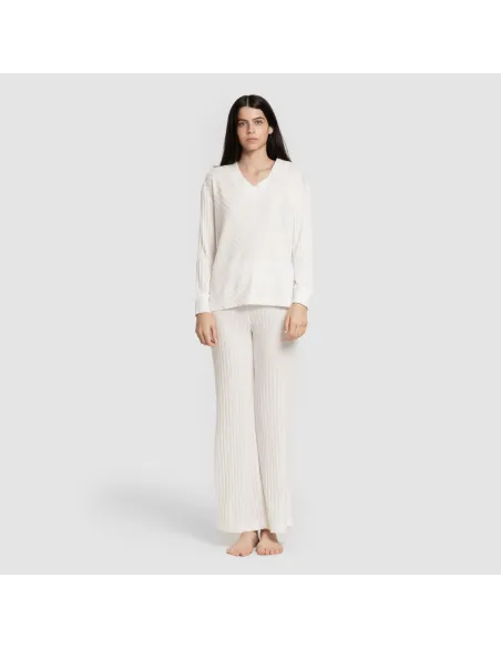 Calça longa de poliamida canelada feminina