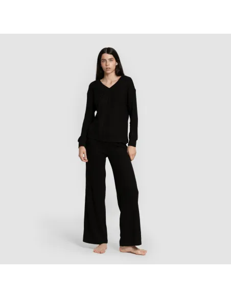 Calça longa de poliamida canelada feminina