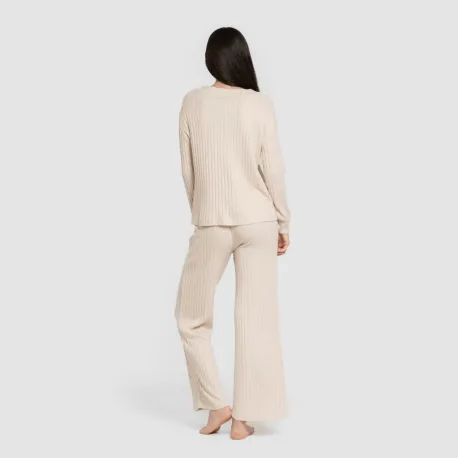 Calça longa de poliamida canelada feminina