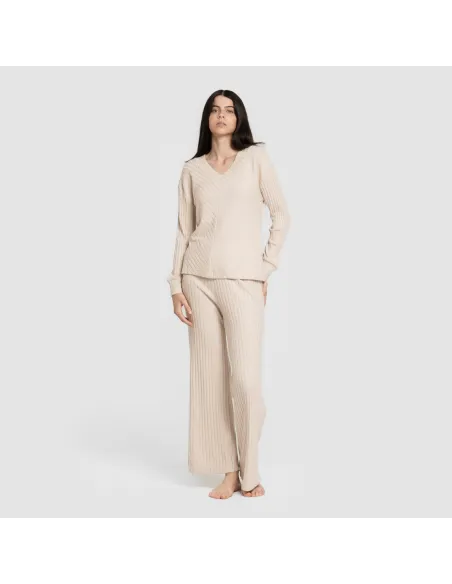 Calça longa de poliamida canelada feminina Calça longa de poliamida canelada feminina