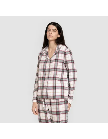 Pijama franela com lapela mulher Cuadro Fiorile verde Pijama franela com lapela mulher Cuadro Fiorile verde