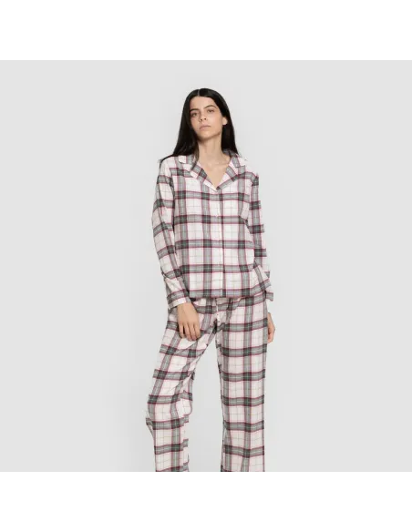 Pijama franela com lapela mulher Cuadro Fiorile verde Pijama franela com lapela mulher Cuadro Fiorile verde