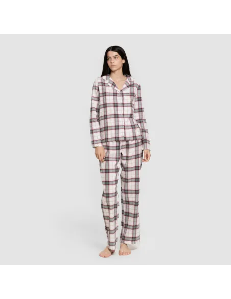 Pijama franela com lapela mulher Cuadro Fiorile verde Pijama franela com lapela mulher Cuadro Fiorile verde