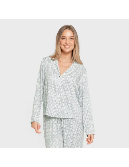 Pijama manga comprida camisero viscose mulher Orquidea agua marina
