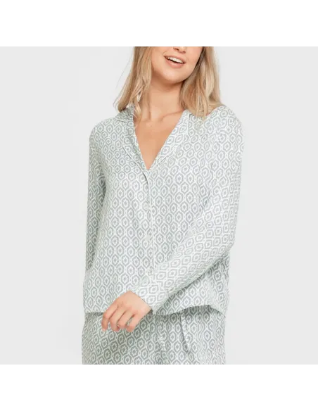 Pijama manga comprida camisero viscose mulher Orquidea agua marina