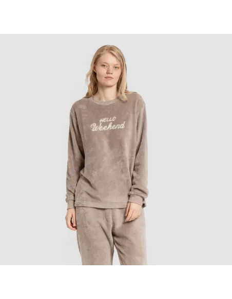 Pijama coral punho mulher Hello Weekend castanho Pijama coral punho mulher Hello Weekend castanho