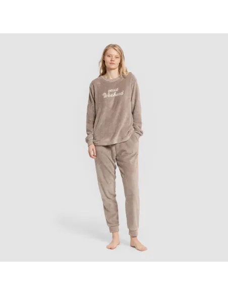 Pijama coral punho mulher Hello Weekend castanho Pijama coral punho mulher Hello Weekend castanho