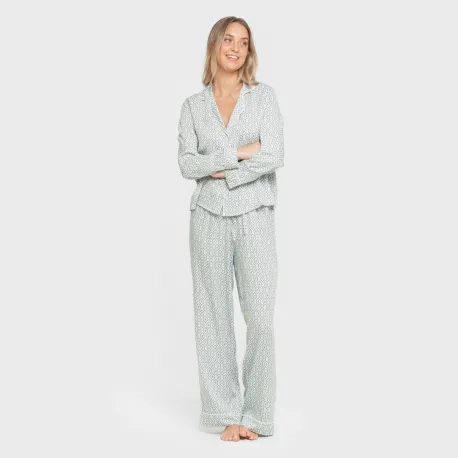 Pijama manga comprida camisero viscose mulher Orquidea agua marina
