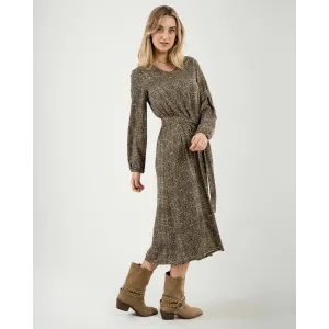 Vestido midi de manga comprida em viscose com decote em V Dalias verde caça